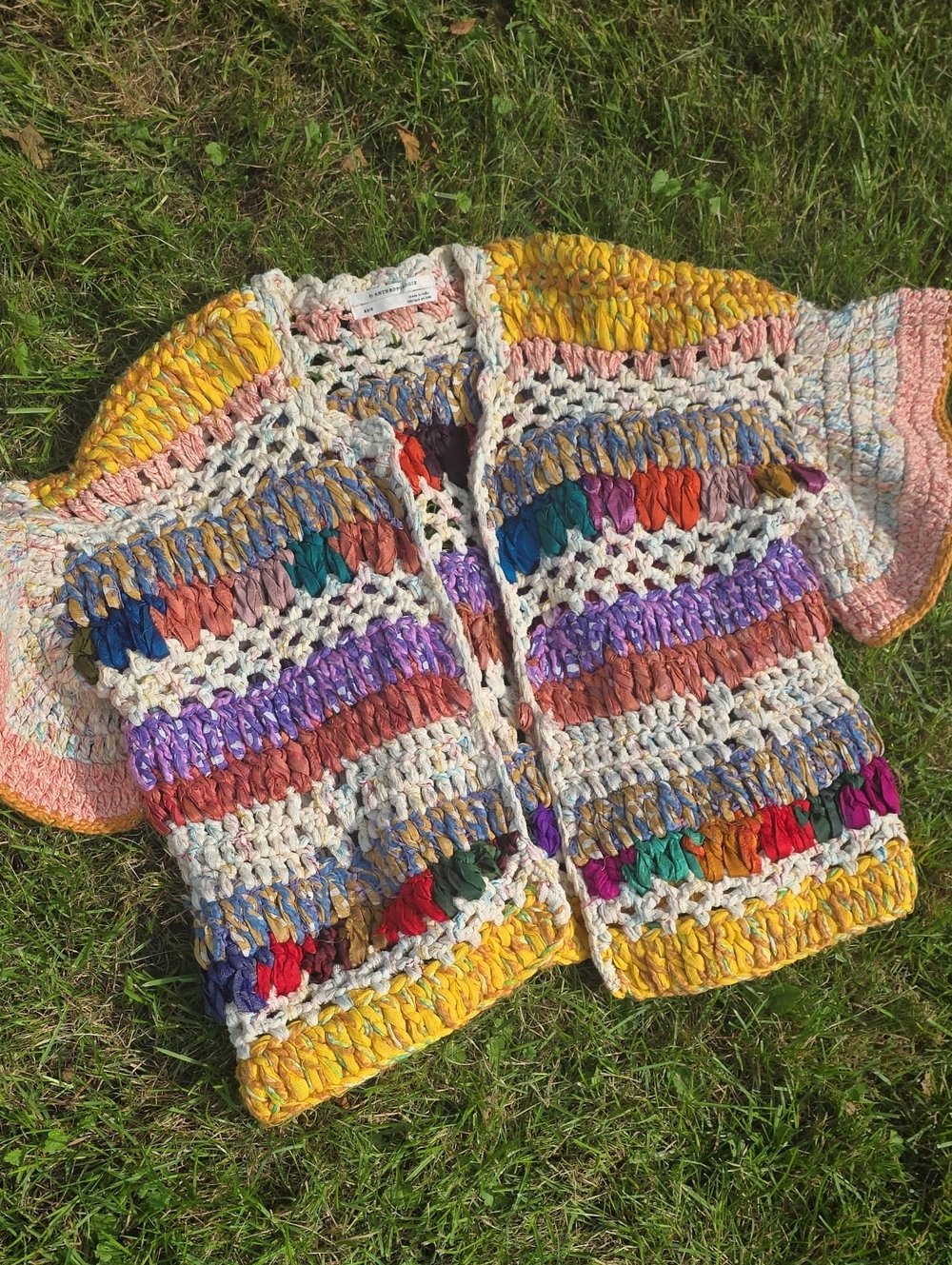 Anthro Boho Multicolor Crochet Short-Sleeve Sweater Cardigan, Size XS-S
